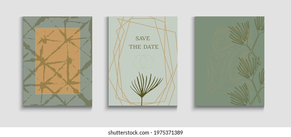 Abstract Hipster Vector Posters Set. Hand Drawn Retro Background. Simple Monstera Leaves Invitation Template. Geometric Frame Pattern. Tie-Dye, Tropical Leaves Banners. Oriental Style Invitation.