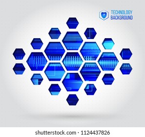 Abstract hi-tech background. Communication and engineering concept with hexagons. Futuristic high computer technology business background.