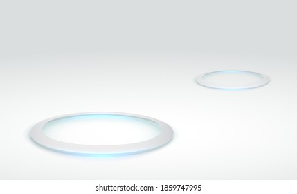 Abstract hi-tech background for display product. Round pedestal podium on white background. Futuristic product stand template. Glowing ring on floor. Circle teleport podium. Vector Illustration.