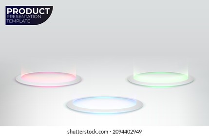 Abstract hi-tech background for display product with neon glowing rings on floor. Product comparison laboratory. Round pedestal podium on black background. Futuristic product stand template.