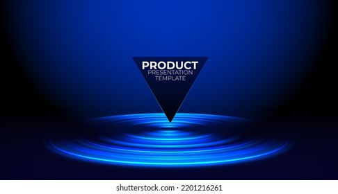 Abstract hi-tech background for display product with neon glowing ring on floor. Round pedestal podium on black background. Futuristic product stand template. Circle teleport podium. Vector template.
