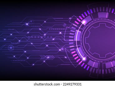 Abstract Hi-Tech Background. Tech circles. Glowing dotted curves with overlapping lines. a bright point on the intersection of the lines There are various gears and elements purple and blue background