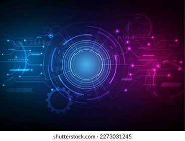 Abstract Hi-Tech Background Tech Circles Electronic Circuit Pattern. Geometric element with cog red and blue light gradient background