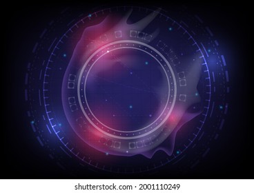 Abstrakter High-Tech-Hintergrund. Hightech-Innovation in Virtual Reality. Head-up-Display-Schnittstelle. Futuristische Sci-Fi leuchtend HUD Kreis mit Rauch der Verbrennung. Digitales Geschäft