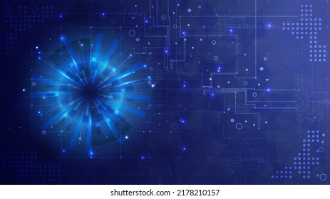 Abstract hi-tech background. Virtual reality technology innovation. Circuit board. Geometric shapes of data. Screen for Placeholder, landing page and template website. Glowing HUD circle