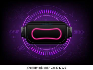 Abstract hi-tech background VR glasses 3D pink glowing curves in the center of the screen bright tech circles and grid below. with cog and elements purple gradient background