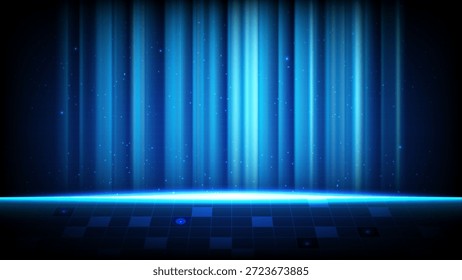 Abstractas fondo azul de alta tecnología con rayos de luz de Vertical, piso de rejilla digital y atmósfera de tecnología futurista