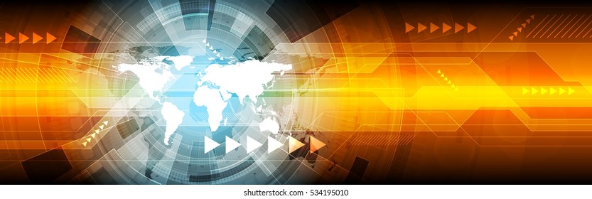 Abstract hi-tech bright web banner design. Vector header template with world map, gears and arrows. Technology illustration