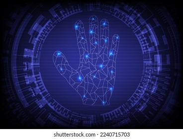 Abstract hi-tech circles
Center hand wireframe with bright glowing spots with horizontal grid lines on a blue gradient background