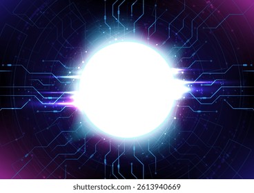 Abstract hi-tech technology background, AI digital data neural brain concept. Empty round space, circle shape glowing light with circuit tech vector illustration, dark blue tone colors graphic design.