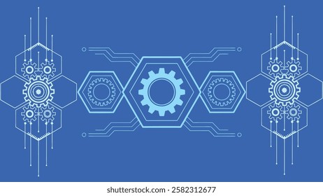 Abstract hi-tech vector background featuring hexagons, gear wheels, and circuit board elements. Perfect for technology themes, digital innovation, and futuristic designs.