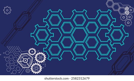 Abstract hi-tech vector background featuring hexagons, gear wheels, and circuit board elements. Perfect for technology themes, digital innovation, and futuristic designs.