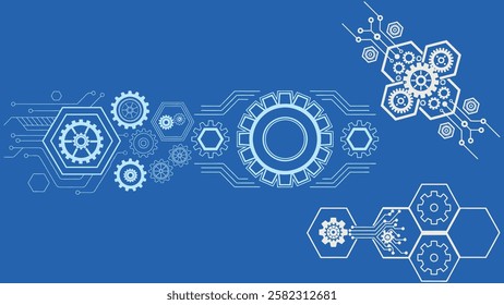 Abstract hi-tech vector background featuring hexagons, gear wheels, and circuit board elements. Perfect for technology themes, digital innovation, and futuristic designs.