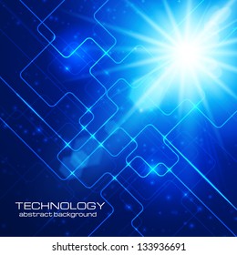 Abstract hi-technology blue background with bright burst. Vector illustration.