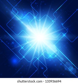 Abstract hi-technology blue background with bright burst. Vector illustration.