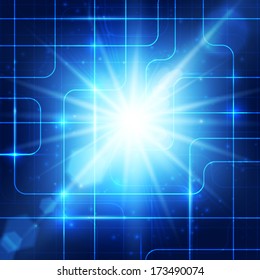 Abstract hi-technology blue background with bright burst. Vector illustration. 