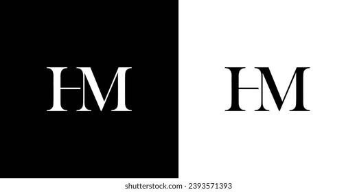 Abstract HM lettering logo in serif vintage font style in black and white color