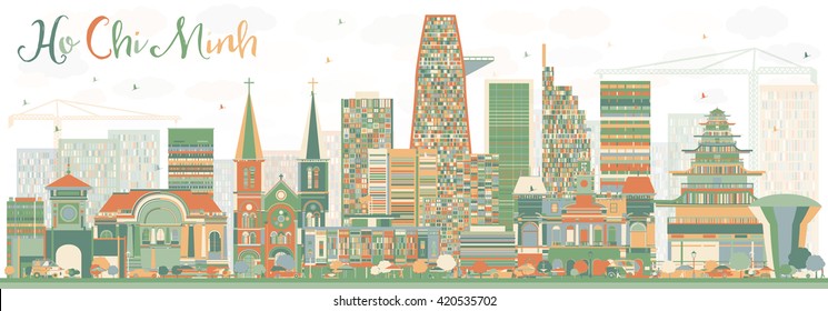 Abstract Ho Chi Minh Skyline with Color Buildings. Vector Illustration. Business Travel and Tourism Concept with Modern Buildings. Image for Presentation Banner Placard and Web Site.