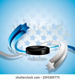 Abstract hockey background with a hockey puck, blue and white arrows and fans in the background