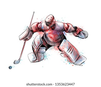 Abstract hockey goalkeeper from splash of watercolors. Hand drawn sketch. Winter sport. Vector illustration of paints