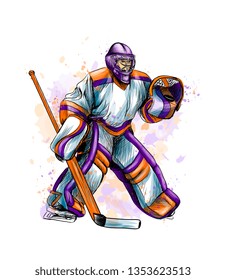 Abstract hockey goalkeeper from splash of watercolors. Hand drawn sketch. Winter sport. Vector illustration of paints