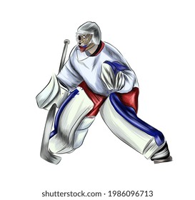 Abstract hockey goalkeeper from splash of watercolors, colored drawing, realistic. Winter sport. Vector illustration of paints