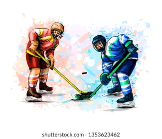 Abstract hockey player from splash of watercolors. Hand drawn sketch. Winter sport. Vector illustration of paints