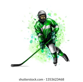 Abstract hockey player from splash of watercolors. Hand drawn sketch. Winter sport. Vector illustration of paints