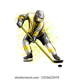 Abstract hockey player from splash of watercolors. Hand drawn sketch. Winter sport. Vector illustration of paints