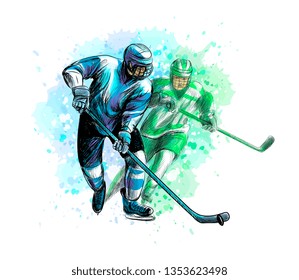 Abstract hockey player from splash of watercolors. Hand drawn sketch. Winter sport. Vector illustration of paints