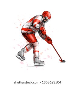 Abstract hockey player from splash of watercolors. Hand drawn sketch. Winter sport. Vector illustration of paints