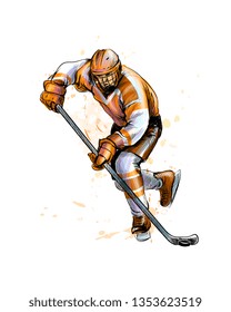 Abstract hockey player from splash of watercolors. Hand drawn sketch. Winter sport. Vector illustration of paints