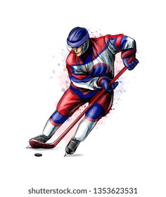 Abstract hockey player from splash of watercolors. Hand drawn sketch. Winter sport. Vector illustration of paints