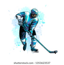 Abstract hockey player from splash of watercolors. Hand drawn sketch. Winter sport. Vector illustration of paints