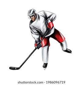Abstract hockey player from splash of watercolors, colored drawing, realistic. Winter sport. Vector illustration of paints