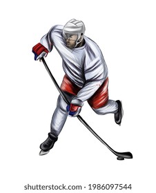 Abstract hockey player from splash of watercolors, colored drawing, realistic. Winter sport. Vector illustration of paints