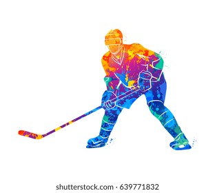 Abstract hockey player from a splash of watercolors. Vector illustration of paints.