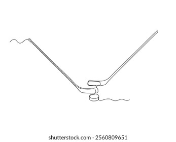 Abstract hockey stick with puck, continuous single line art drawing sketch, logo