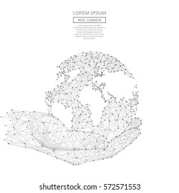 Sinopsis global en manos polígonales, triángulo de geometría. Estructura de conexión luminosa. Fondo vectorial de pozo bajo. Concepto de negocio