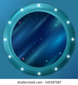 Abstract holiday background, blue space with stars and nebulas in round window porthole on a wall. Eps10, contains transparencies. Vector