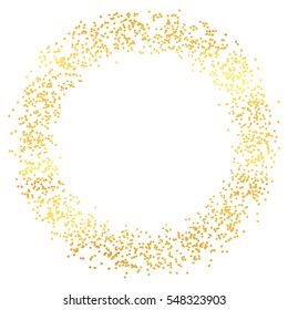 Abstract holiday background with hand drawn particles. Bright golden polka dot frame template. Vector illustration