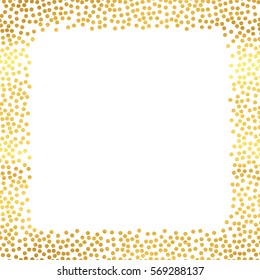 Abstract holiday background with hand drawn particles. Bright golden polka dot square  frame template. Vector illustration