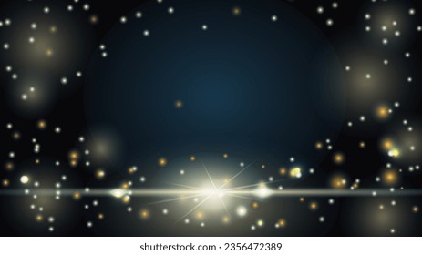 Abstract holiday background with light effects, glare, bokeh, stars, rays, glitter, glow on dark blue background. Design for party, birthday, new year, Christmas. Vector illustration