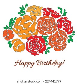 Abstract holiday background with red and orange flowers. Vector illustration. Watercolor bouquet with peonies in vector on the white background.