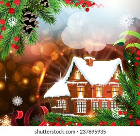 Abstract holiday background with sparkles, Brick house with snowy roof and fir branches