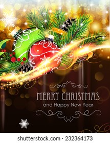 Abstract holiday background with sparkles, Christmas balls and fir branches