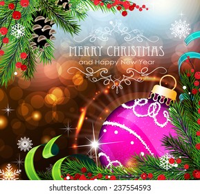 Abstract holiday background with sparkles, Christmas ornaments and fir branches