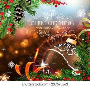 Abstract holiday background with sparkles, Christmas ornaments and fir branches