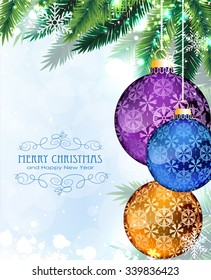 Abstract holiday background with sparkles, Christmas ornaments and fir branches