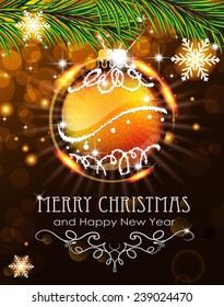 Abstract holiday background with sparkles, orange Christmas ball and fir branches